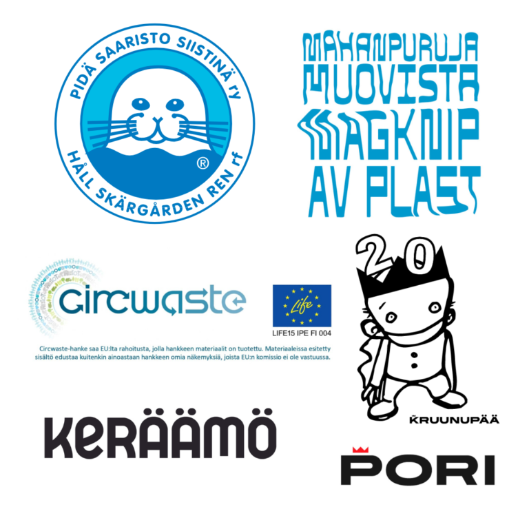 Osallistuvien tahojen logot. Pidä saaristo siistinä ry, Mahanpuruja muovista, CIRCWASTE, Kruunupää, Keräämö ja Porin kaupunki.